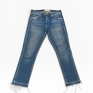 AMO Babe Something Blue Straight Leg High Rise Jeans Distressed Fray Hem Size 29